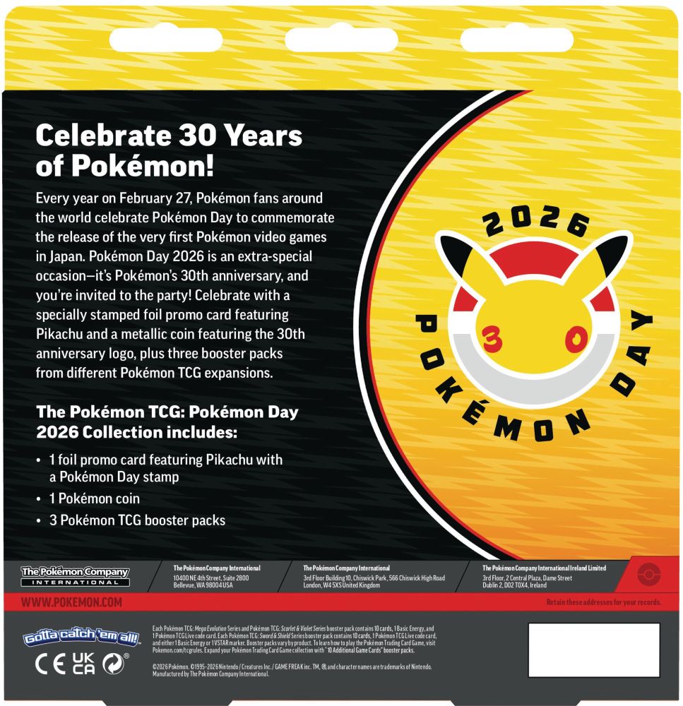 Pokemon Day 2026 Collection indeholder 1 Pokemon-promokort, 1 Pokémon‑mønt, 3 boosterpakker fra forskellige Pokémon‑udvidelser.