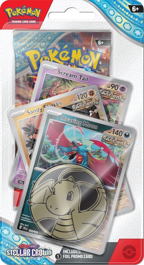 Pokémon TCG: Scarlet & Violet - Stellar Crown Premium Checklane Blister Roaring Moon – et fantastisk sæt med unikke kort og en booster-pakke.