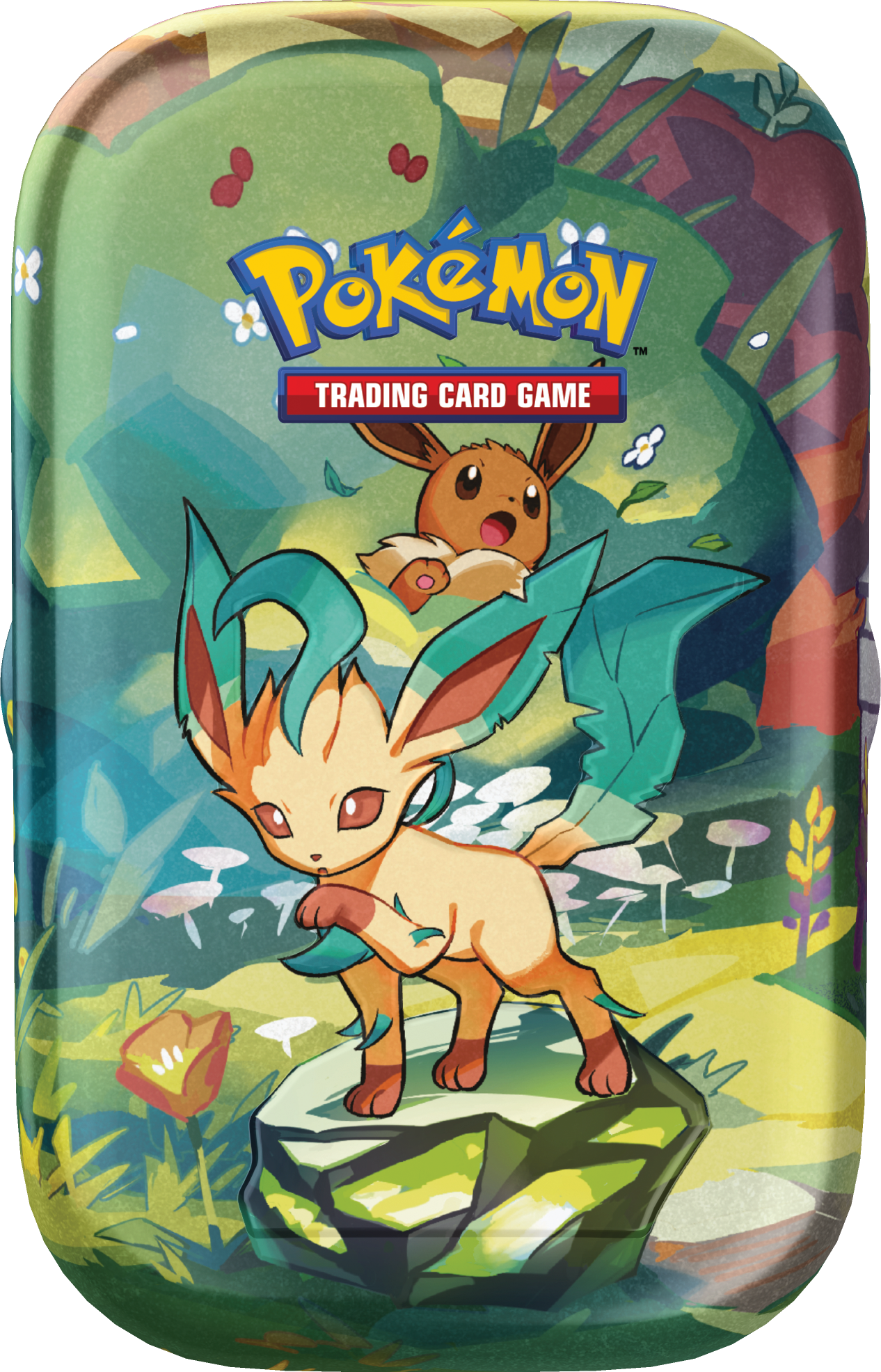 Pokémon SV8.5 Prismatic Evolutions Mini Tin med Leafeon – en elegant og farverig metalboks med Pokémon-design.