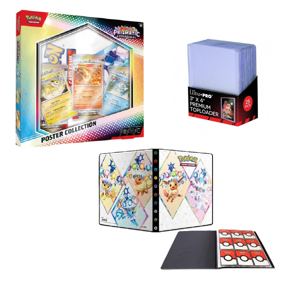 Pokémon SV8.5 Prismatic Evolutions Poster Collection Box – komplet samlersæt med Flareon, Vaporeon og Jolteon promo-kort, plakat, booster-pakker, mappe og toploaders.