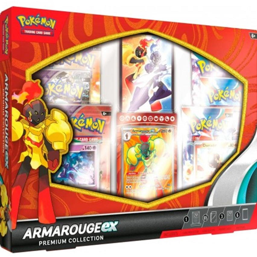 Armarouge ex Premium Collection Box med Pokémon-kort og booster packs. Perfekt til samlere og duel-entusiaster.