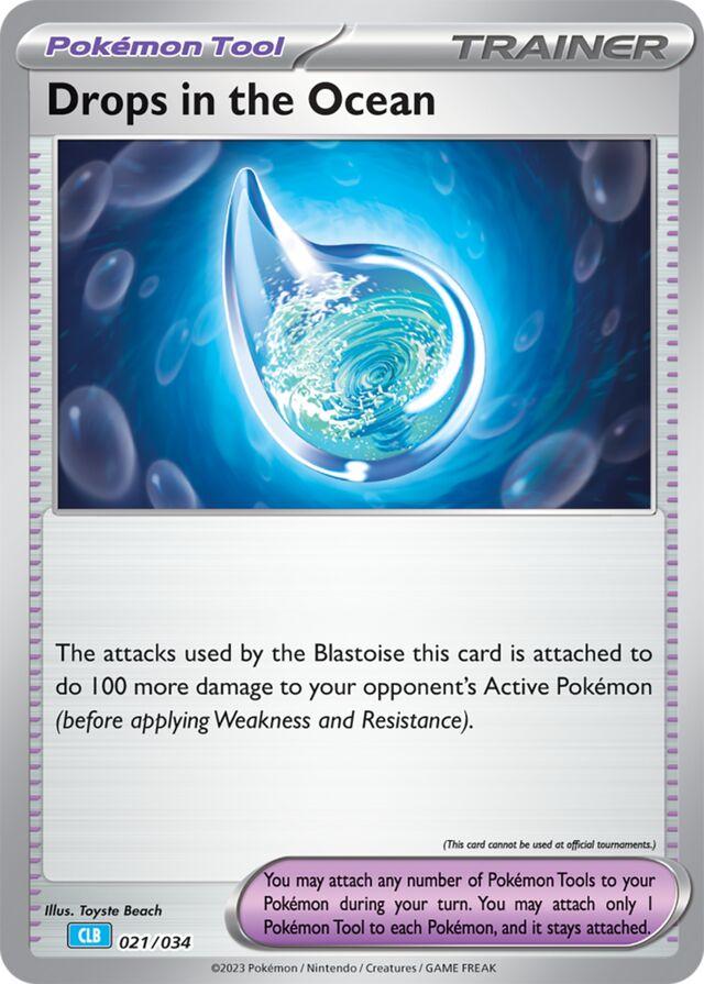 Drops in the Ocean 021/034 Trainer-kort fra Pokémon TCG Classic Blastoise Deck, med holografisk artwork af dybt hav og lysstråler, der bryder gennem det mørke vand.