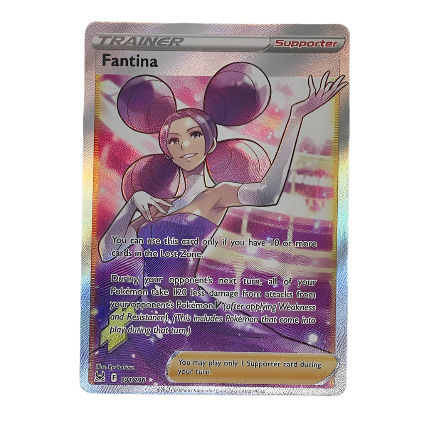 Fantina Ultra Rare Pokémon-kort fra Lost Origin – 191/196. Et sjældent og kraftfuldt kort med unikke evner til kamp og samling.