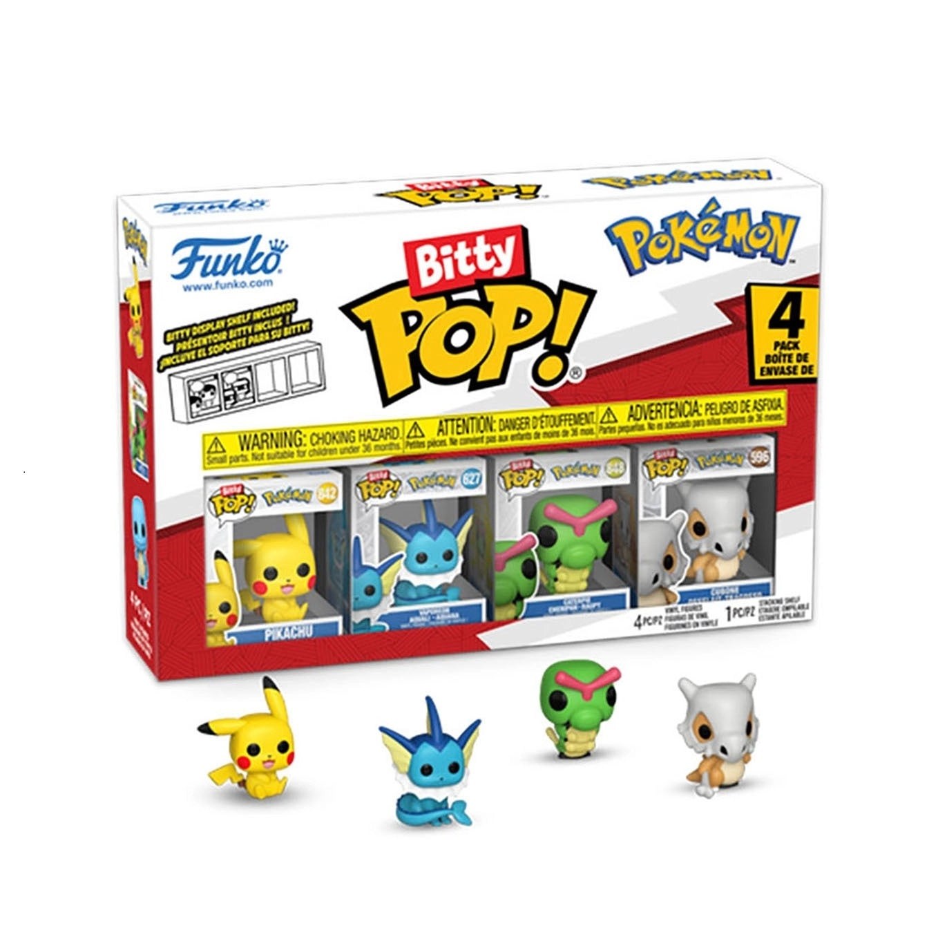Et sejt sæt med 4 mini POP!-figurer lavet af vinyl. Serie 1 Pikachu, Vaporeon, Caterpie and
Cubone.