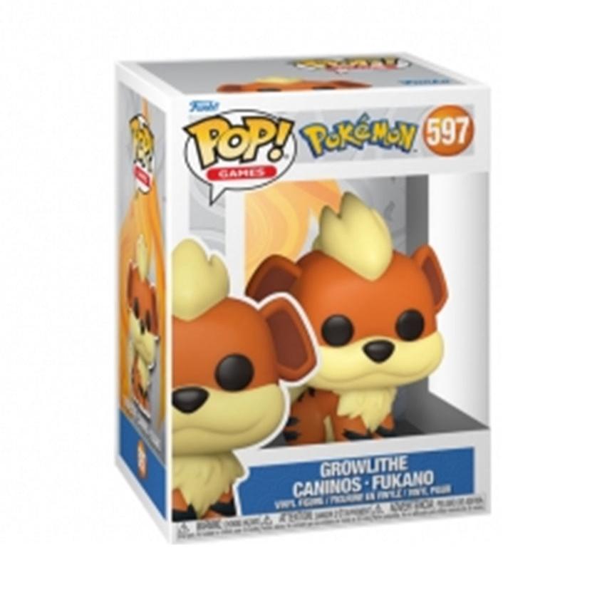 Funko POP! vinyl figure of Pokémon Growlithe (#597), depicted sitting upright with fluffy orange fur, cream mane, and a friendly expression.