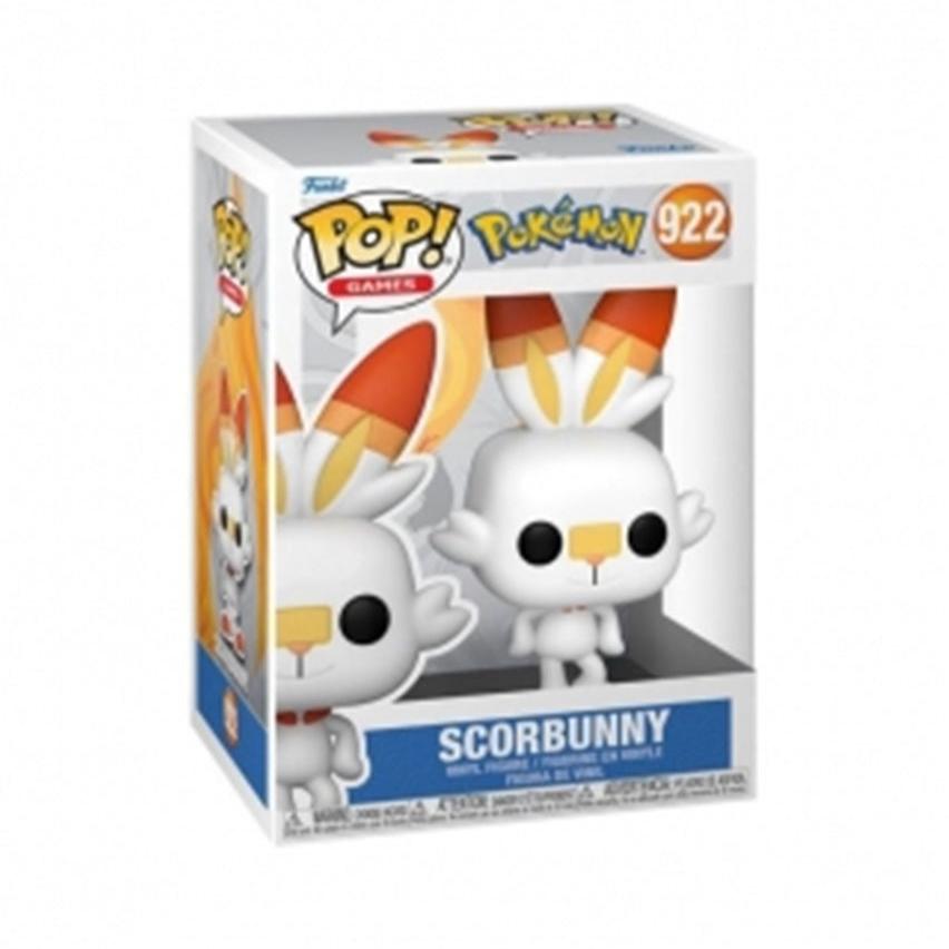 Funko POP! vinyl figure of Pokémon Scorbunny (#922), standing on one foot with wide eyes, perky ears, and a playful, energetic pose.