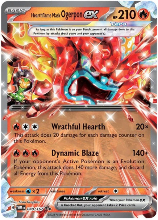 Et billede af Hearthflame Mask Ogerpon ex - 040/167 Pokémon-kortet fra Twilight Masquerade-serien, der viser dets flammende design, holofoil-effekt og angrebsstatistikker.