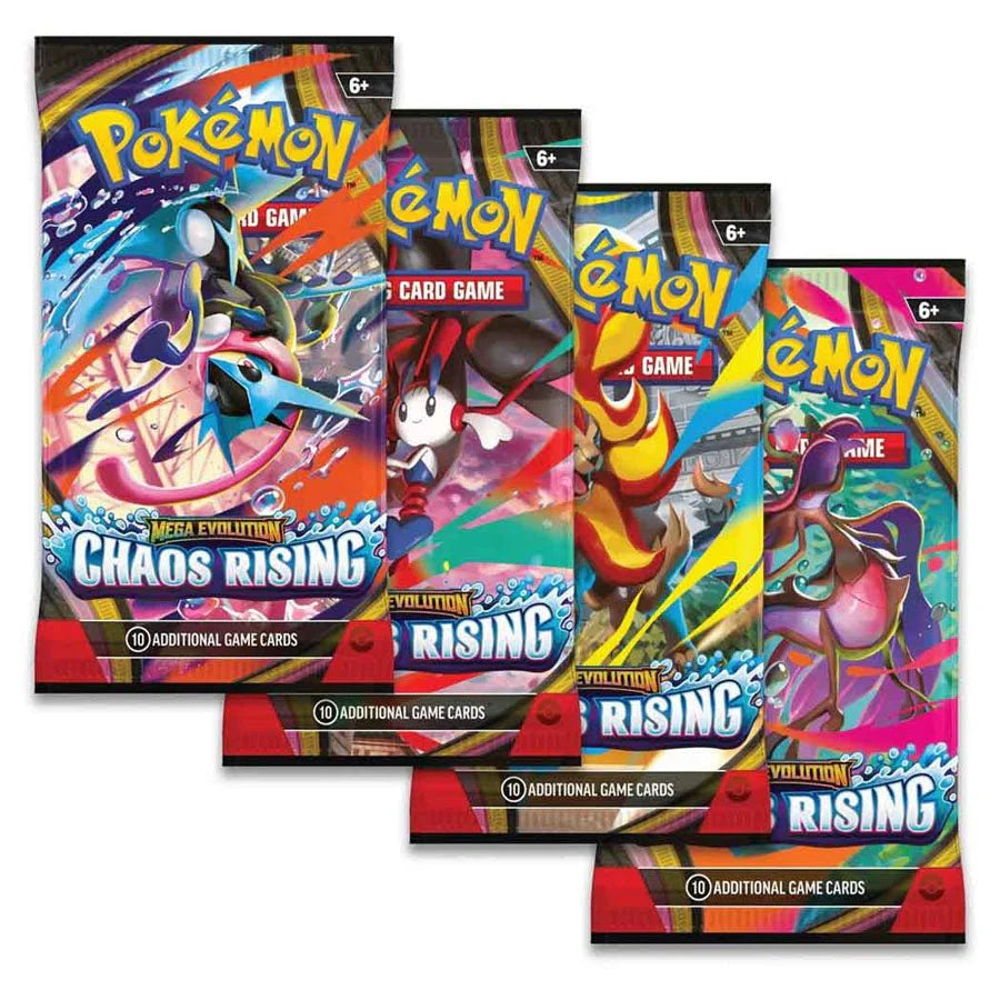 Mega Evolution Chaos Rising Booster ME04 art sæt med flere Pokémon boosterpakker i forskellige designs