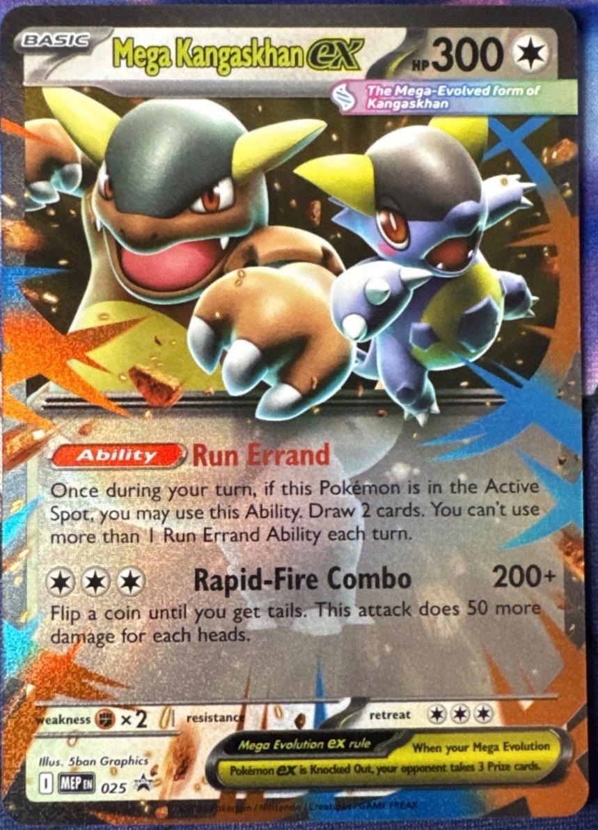 Mega Kangaskhan ex et Black Star promo kort fra Pokemon ME01 Mega Evolution serien. Kortet udgiver eksklusivt i Mega Kangaskhan ex box.