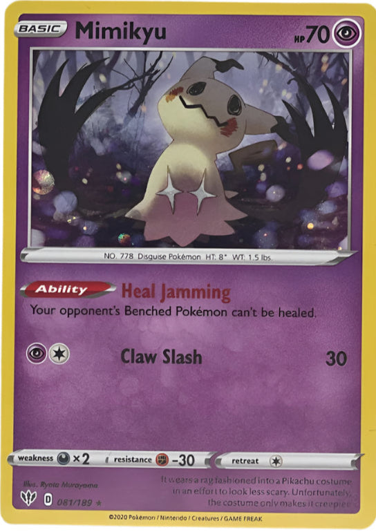Pokémon kort Mimikyu – 081/189 Cosmos Holo – et sjældent og dekorativt kort fra Darkness Ablaze-serien.