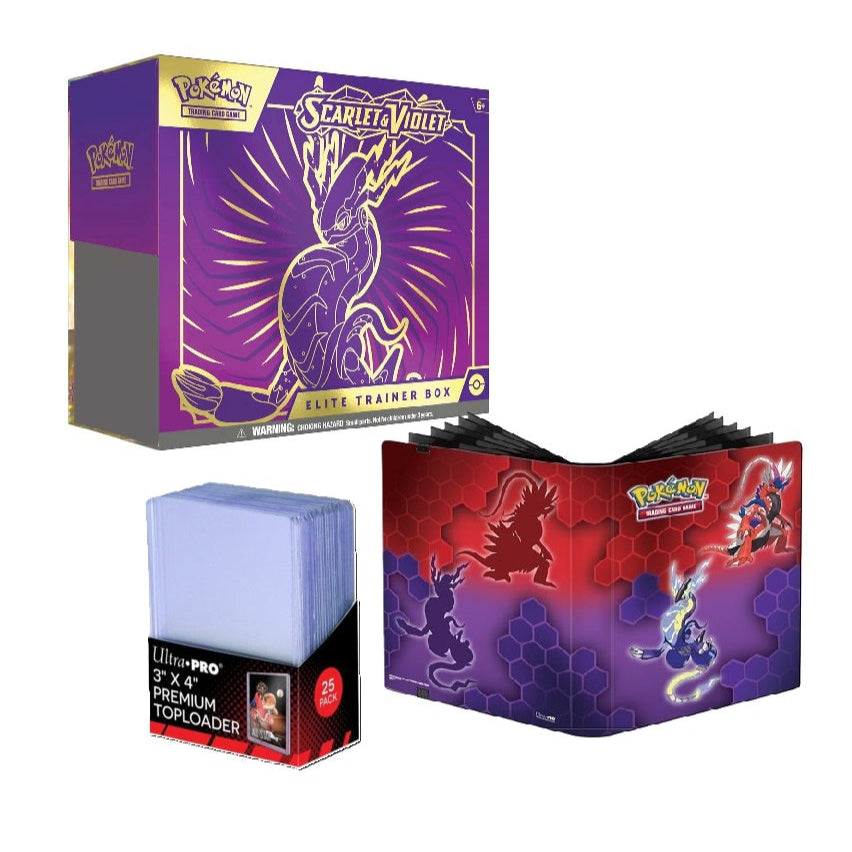 Pokémon SV01 Miraidon Premium sæt – Elite Trainer Box Miraidon, stilfuld mappe med Koraidon & Miraidon motiv og Ultra-PRO til kortbeskyttelse.