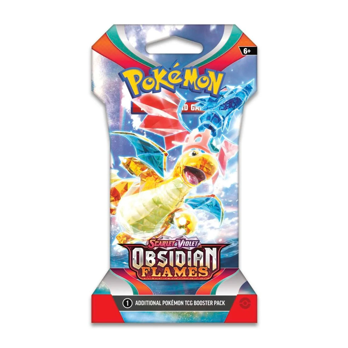 Sleeved booster pack fra Pokémon TCG Obsidian Flames SV03 med 10 tilfældige samlekort. Booster har Dragonite motiv på.