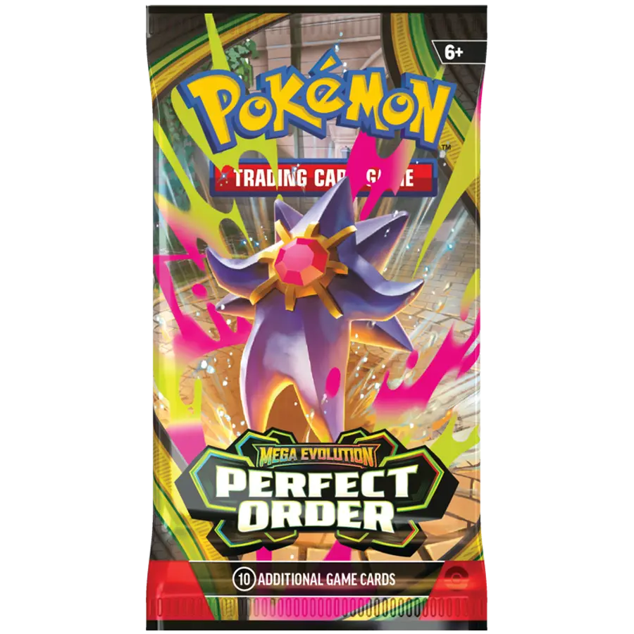 Billede af Pokémon TCG: Mega Evolution—Perfect Order boosterpakke Mega Starmie med 10 kort, 1 Energy og TCG Live‑kodekort.