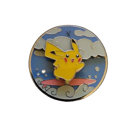 Surfing Pikachu enamel pin from the Pokémon Celebrations collection, riding a blue wave.