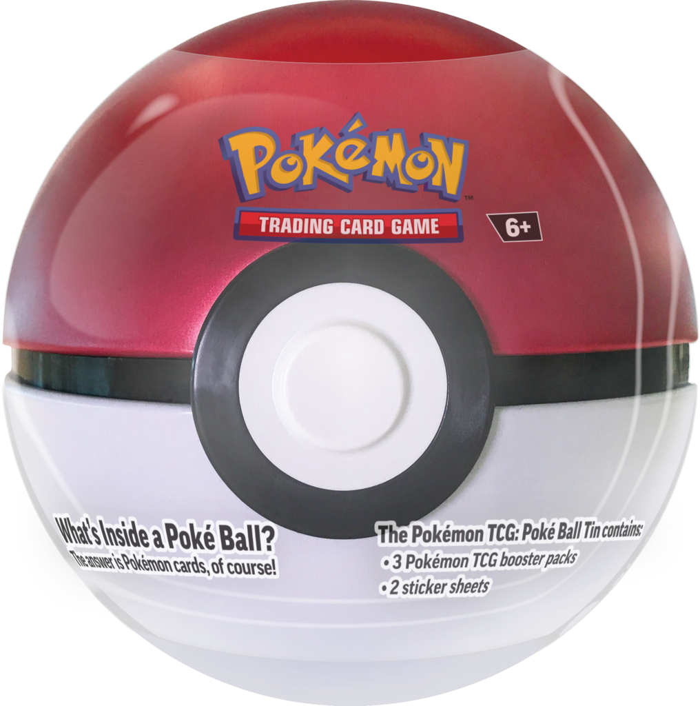 Poké Ball Tin 2024 Rød – en klassisk Poké Ball-formet tin fyldt med spændende Pokémon-kort og booster-pakker til samlere.