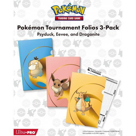 Et sæt af tre Pokémon Tournament Portfolio-mapper fra Ultra Pro med motiver af Psyduck, Eevee og Dragonite, ideelle til at organisere og opbevare dine turneringsnoter.