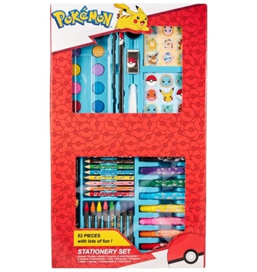 Et farverigt Pokémon-inspireret Art Case med 52 dele, herunder maling, tuscher, blyanter, lineal, viskelæder, klistermærker og pensel.