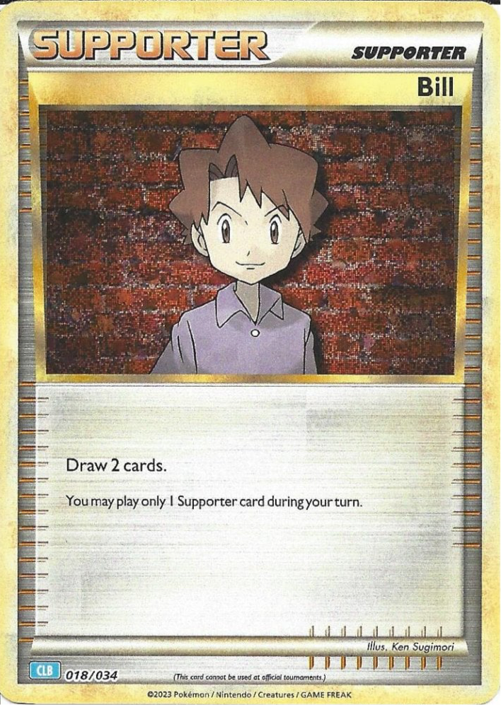 Bill 018/034 Supporter-kort fra Pokémon TCG Classic Charizard Deck, med holografisk artwork af Bill foran en computerterminal i retro Pokémon-laboratoriestil.