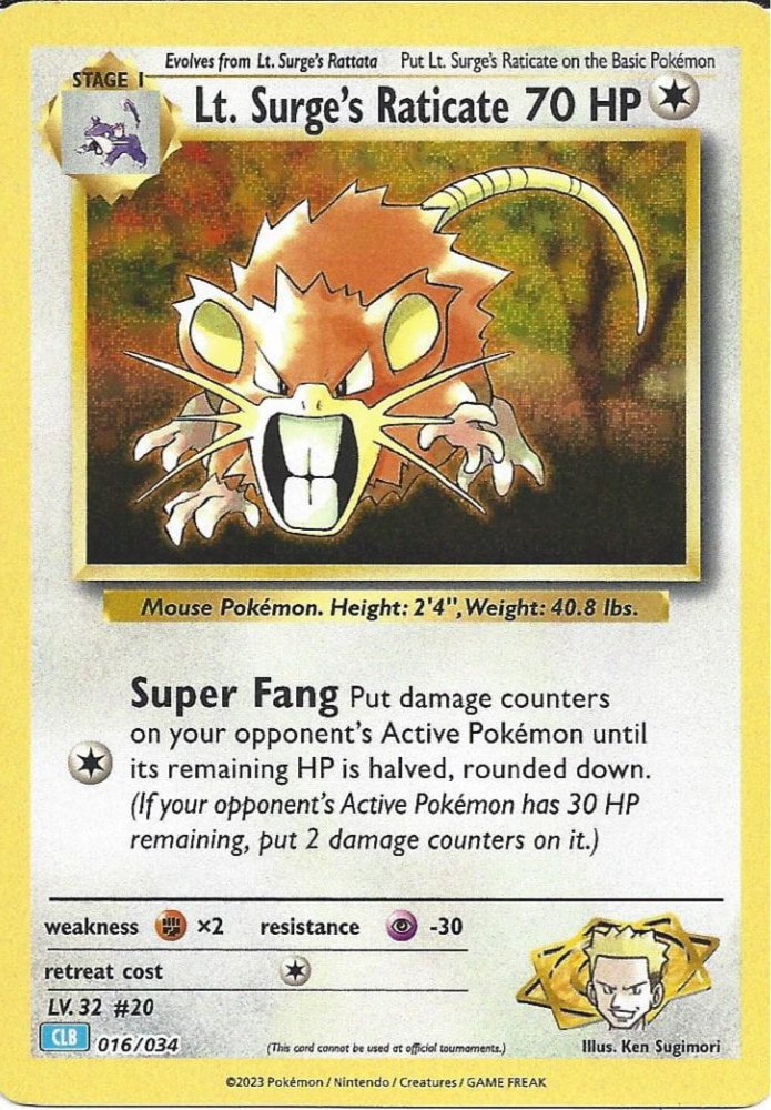 Lt. Surge's Raticate 016/034 fra 2023 Pokémon TCG Classic Blastoise Deck er en Colorless-type Pokémon med fokus på hurtige og præcise angreb.