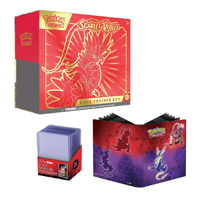Pokémon SV01 Koraidon sæt – Elite Trainer Box, eksklusiv mappe med Koraidon & Miraidon design og 25 Ultra-PRO toploaders.