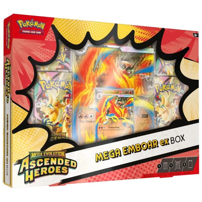 Pokémon Mega Emboar EX Box med promokort, jumbo‑kort og Ascended Heroes boosterpakker