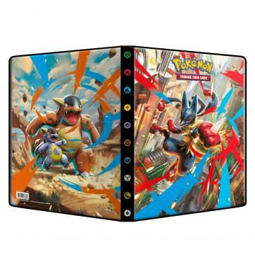 Pokémon Mega Evolution 01 mappe med Mega Lucario på forsiden og Mega Kangaskhan på bagsiden, designet til opbevaring af op til 252 Pokémon TCG-kort.