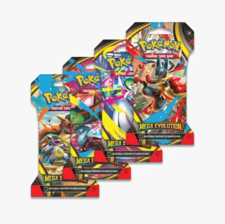 Pokémon TCG Mega Evolution Sleeved Booster Packs med fire forskellige artworks, indeholdende 10 kort og en energikode, pakket i farverig blister med metallic finish.
