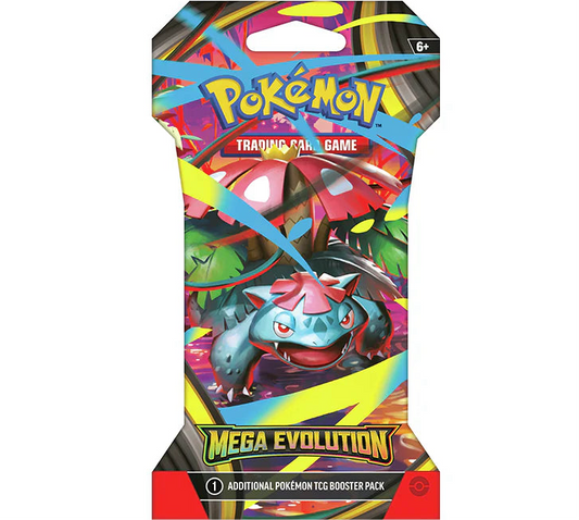 Pokémon TCG Mega Evolution Sleeved Booster Pack med artwork af Mega Bulbasaur, indeholdende 10 kort og en energikode, pakket i farverig blister med metallic finish.