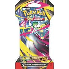 Pokémon TCG Mega Evolution Sleeved Booster Pack med artwork af Mega Gardevoir, indeholdende 10 kort og en energikode, pakket i farverig blister med metallic finish.