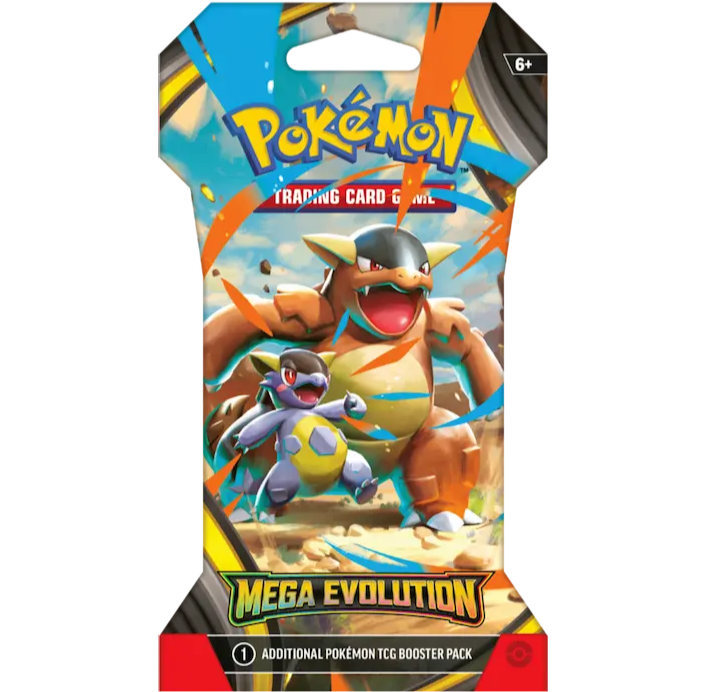 Pokémon TCG Mega Evolution Sleeved Booster Pack med artwork af Mega figure, indeholdende 10 kort og en energikode, pakket i farverig blister med metallic finish.