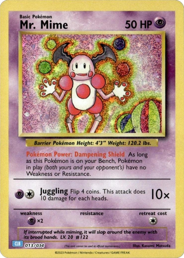 Holografisk Mr. Mime Pokémon-kort 013/034 fra 2023 Classic Venusaur Deck – psykisk type med retro artwork og foil-finish.