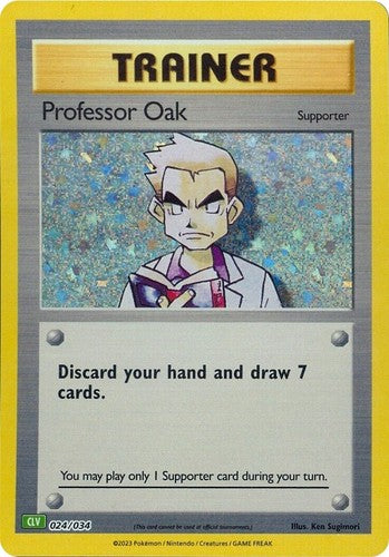 Professor Oak 025/034 Supporter-kort fra Pokémon TCG Classic Venusaur Deck, med holografisk artwork af Professor Oak i sit laboratorium, klar til at vejlede nye trænere.