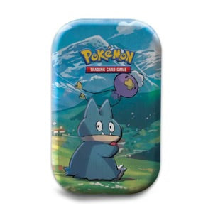 Pokémon TCG Sinnoh Stars Mini Tin med artwork af Munchlax og Drifloon, indeholdende to boosterpakker, en metallic mønt og et kunstkort i en kompakt metaldåse.
