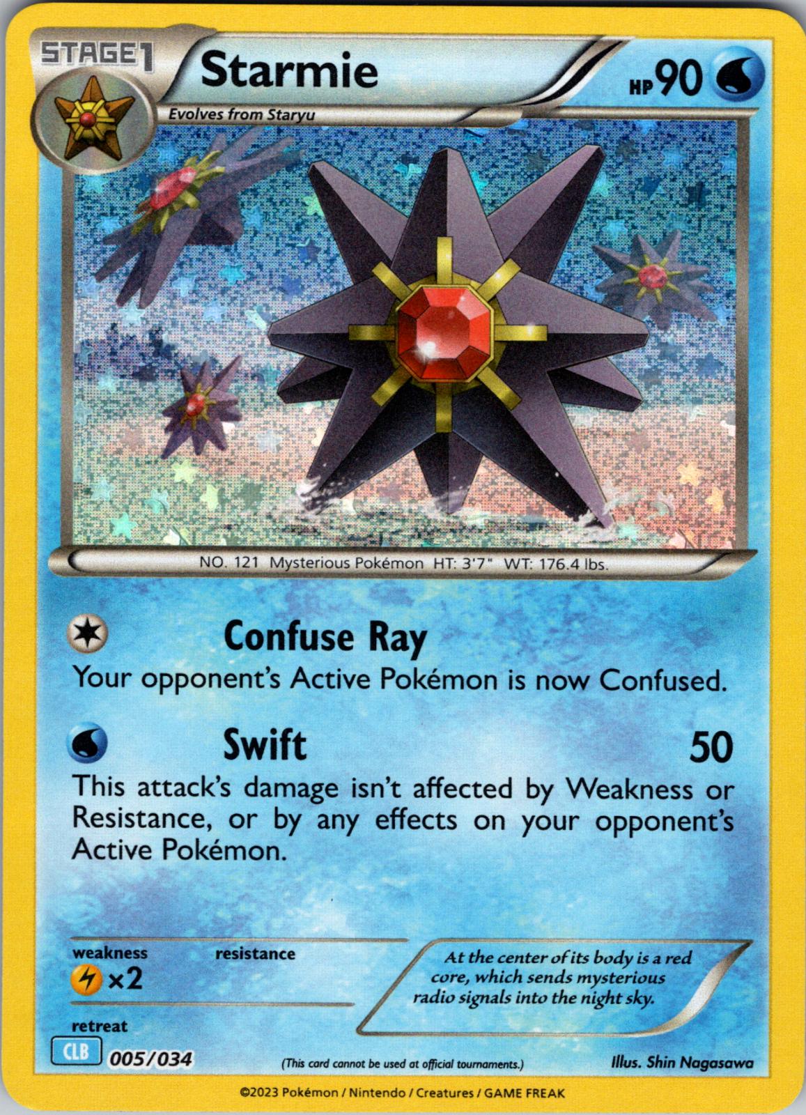 Holografisk Starmie Pokémon-kort 005/034 fra 2023 Classic Blastoise Deck – vandtype med retro design og foil-finish.