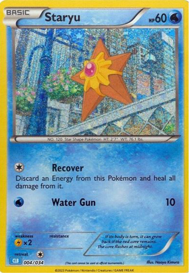 Holografisk Staryu Pokémon-kort 004/034 fra 2023 Classic Blastoise Deck – vandtype med retro artwork og foil-finish.