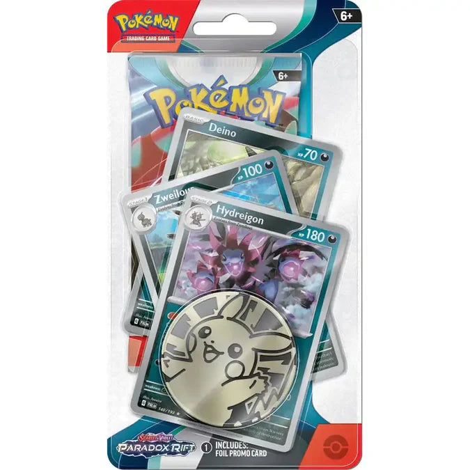 Pokémon TCG Paradox Rift Premium Checklane Blister med Hydreigon promo-kort, boosterpakke og metallic mønt.