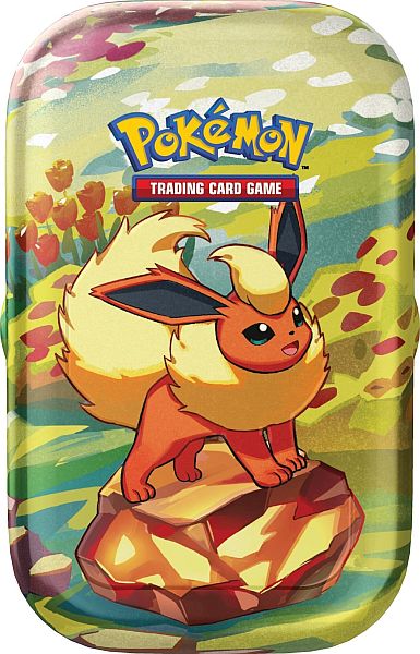 Pokémon SV8.5 Prismatic Evolutions Mini Tin med Flareon – en elegant og farverig metalboks med Pokémon-design.