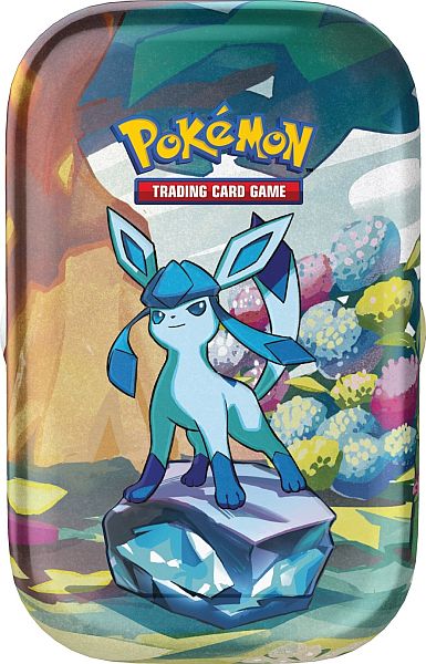 Pokémon SV8.5 Prismatic Evolutions Mini Tin med Glaceon – en elegant og farverig metalboks med Pokémon-design.