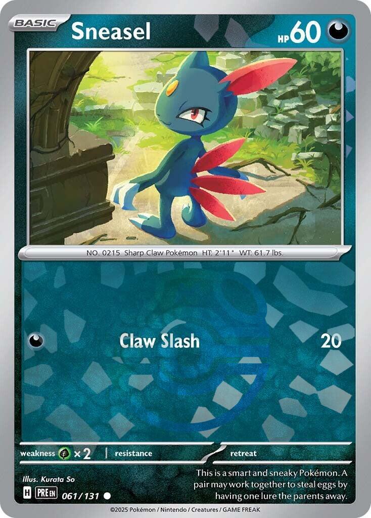 Sneasel Masterball Prismatic Evolutions Holo 061/131 Pokémon-kort med holografisk Masterball-design.