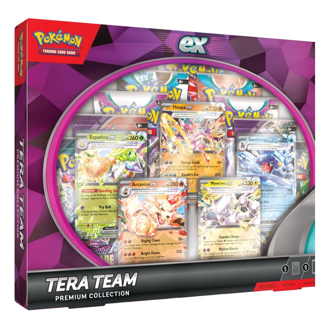 Pokémon ex Box: Tera Team Premium Collection 2024: et eksklusivt sæt med dynamiske Pokémon ex-kort og premium tilbehør til samlere og trænere.