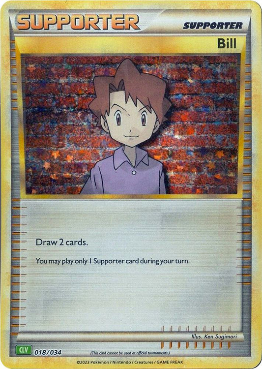 Bill 018/034 Supporter-kort fra Pokémon TCG Classic Venusaur Deck, med holografisk artwork af Bill foran en computerterminal i retro Pokémon-laboratoriestil.