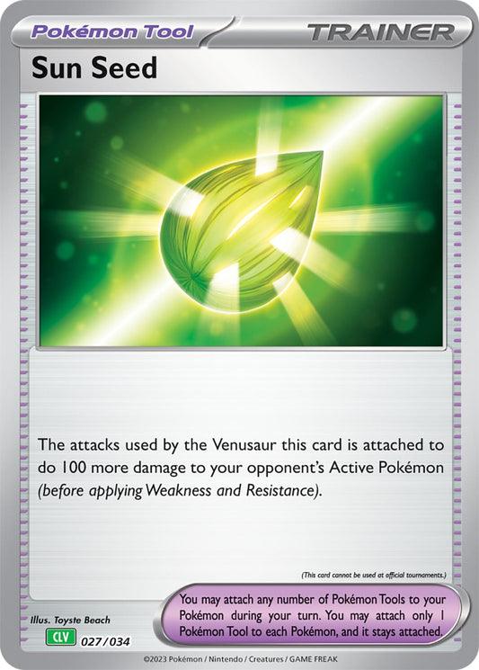 Sun Seed 027/034 Trainer-kort fra Pokémon TCG Classic Venusaur Deck, med holografisk artwork af en spirende plante badet i sollys, der symboliserer styrke og vækst.