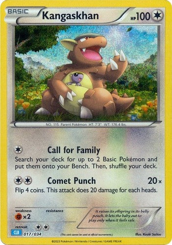 Pokémon TCG Classic-kort af Kangaskhan 017/034 fra Blastoise Deck med retroillustration af Kangaskhan og sin unge i pungen, klar til kamp.