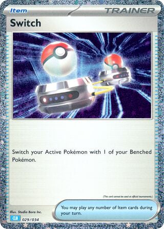 Switch 029/034 Trainer-kort fra Pokémon TCG Classic Blastoise Deck, med grafik af to Poké Balls i bevægelse, der symboliserer udskiftning af Pokémon.