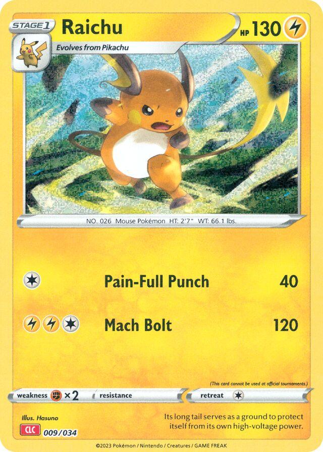 Holografisk Raichu Pokémon-kort 009/034 fra 2023 Classic Charizard Deck – elektrisk type med retro design og foil-