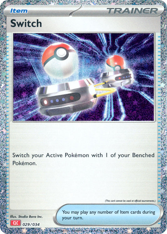 Switch 029/034 Trainer-kort fra Pokémon TCG Classic Charizard Deck, med grafik af to Poké Balls i bevægelse, der symboliserer udskiftning af Pokémon.