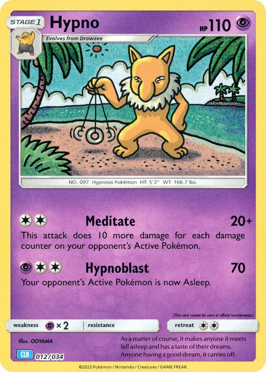 Holografisk Hypno Pokémon-kort 012/034 fra 2023 Classic Blastoise Deck – psykisk type med retro artwork og foil-finish.