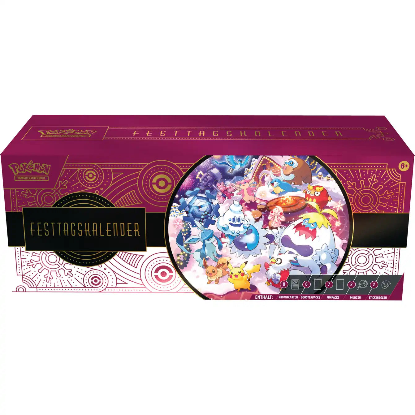 Pokémon TCG Julekalender 2025 med 25 låger, dekoreret med festlige Pokémon-motiver og indeholdende kort, boosterpakker, mønter og klistermærker.