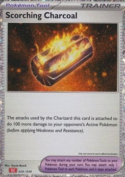 Scoriching Charcoal 026/034 Trainer-kort fra Pokémon TCG Classic Charizard Deck, med holografisk artwork af glødende kul og flammer, der symboliserer forstærket ildkraft.