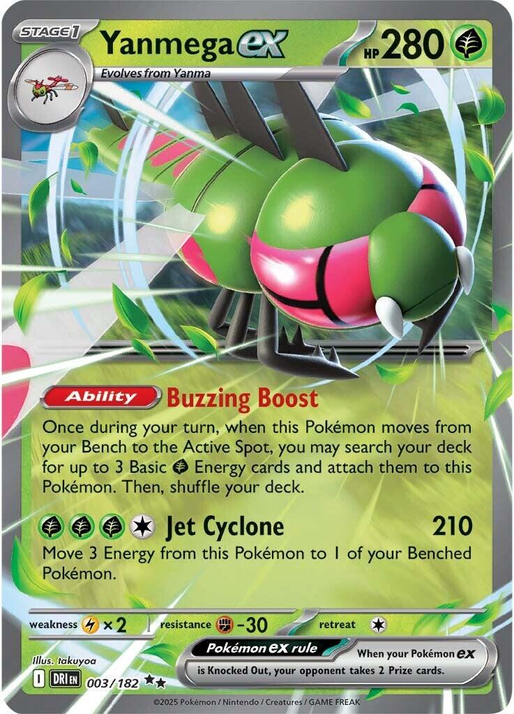 Yanmega ex er et Double Rare / Super Rare ex Pokemon kort fra SV10 Destined Rivals serien med nr. 003/182.